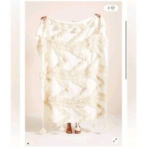 Anthropologie Fringe Bay Tassels Cotton Throw Blanket Sequins Boho Coastal Cream